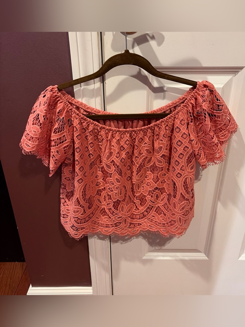 Express Women's Pink Lace Off-the-Shoulder Short Sleeve Top S
